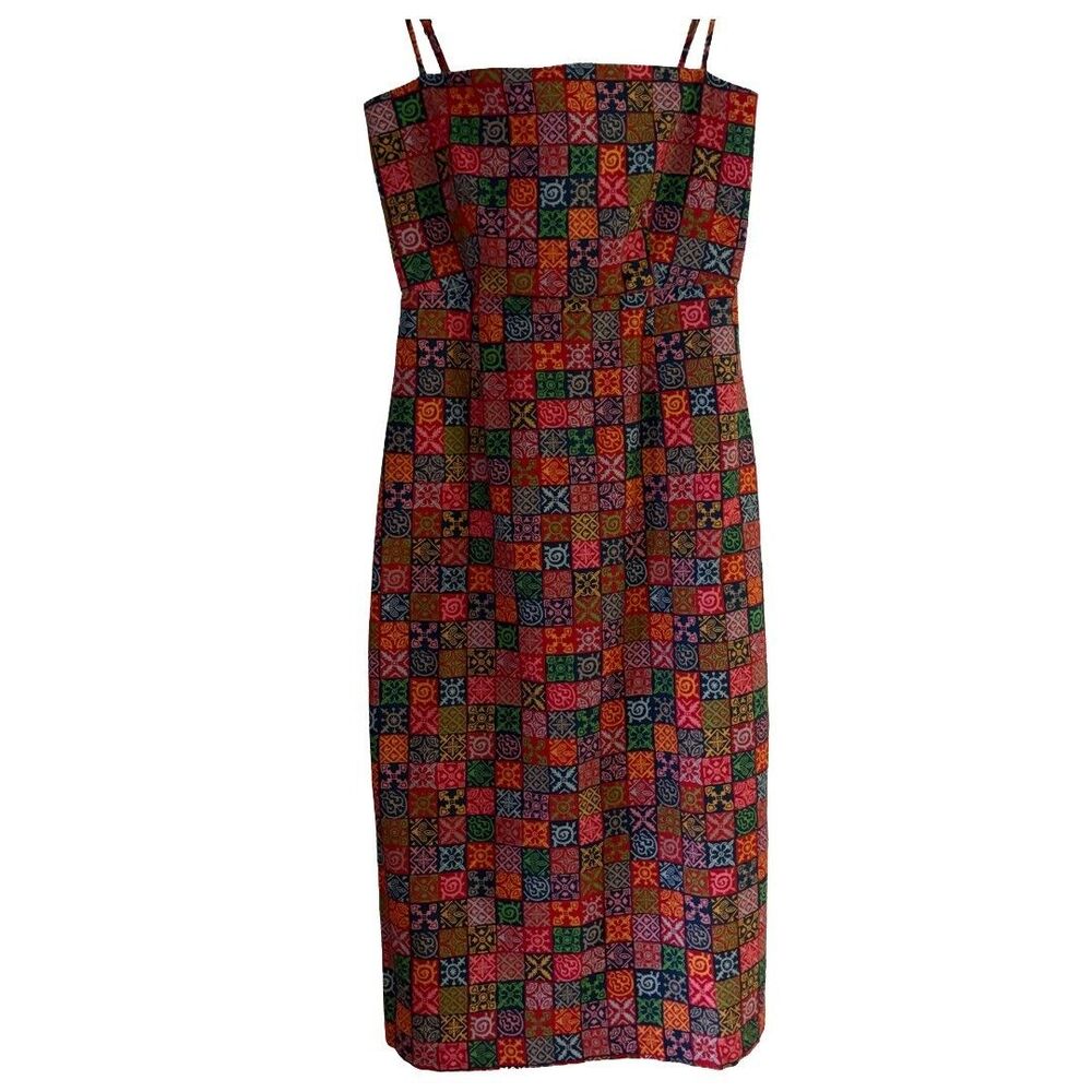 Coco Shop Navy Checkerboard Cotton Squares Midi Dress Women’s XS Orange Accents